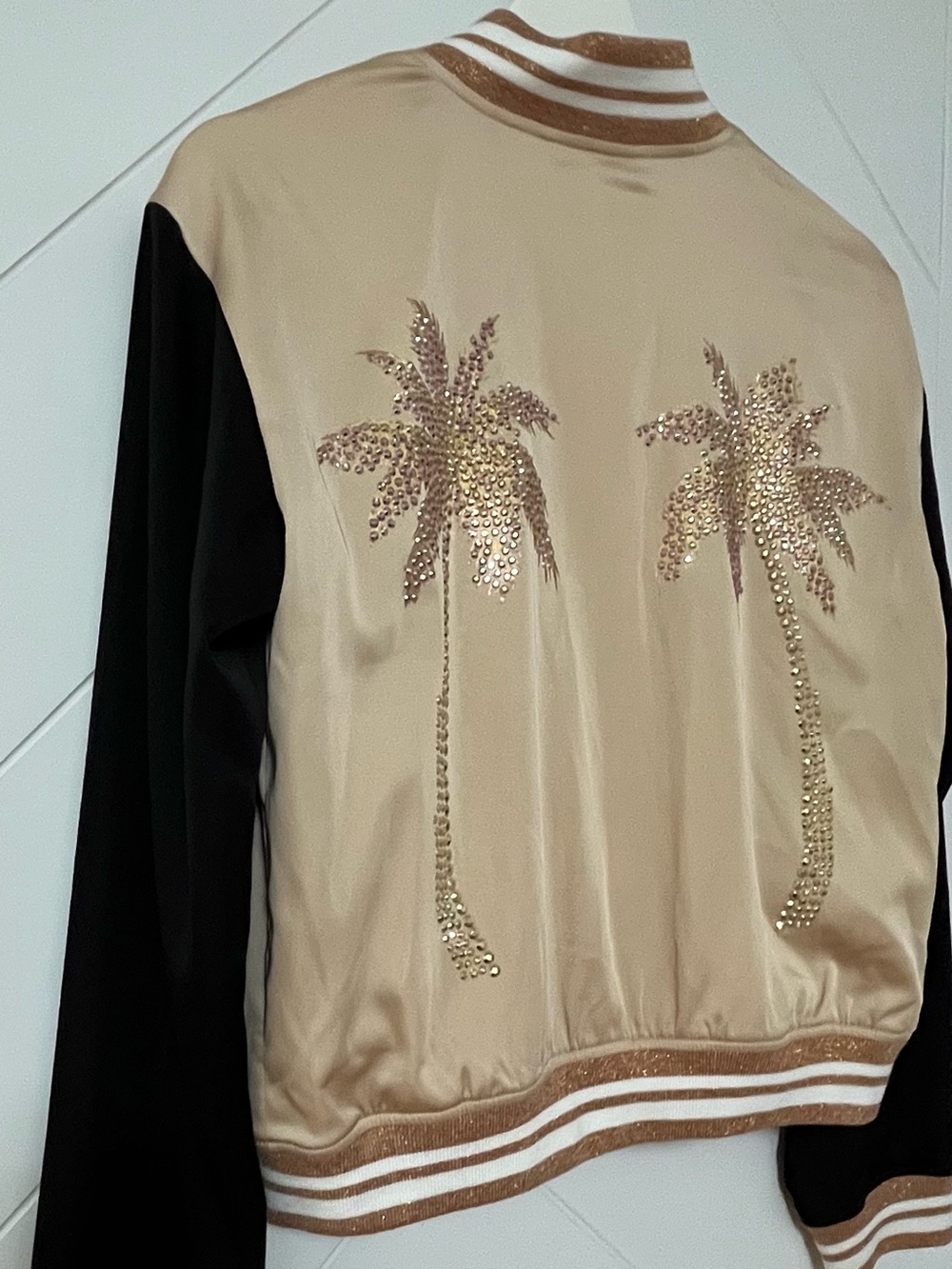 Guess Beige & Black Sequin Palm Bomber Jacket